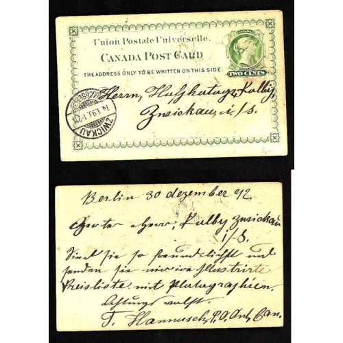 Canada-cover #13948-2c UPU-sent from Berlin Ont Dec 30 1892-receiving