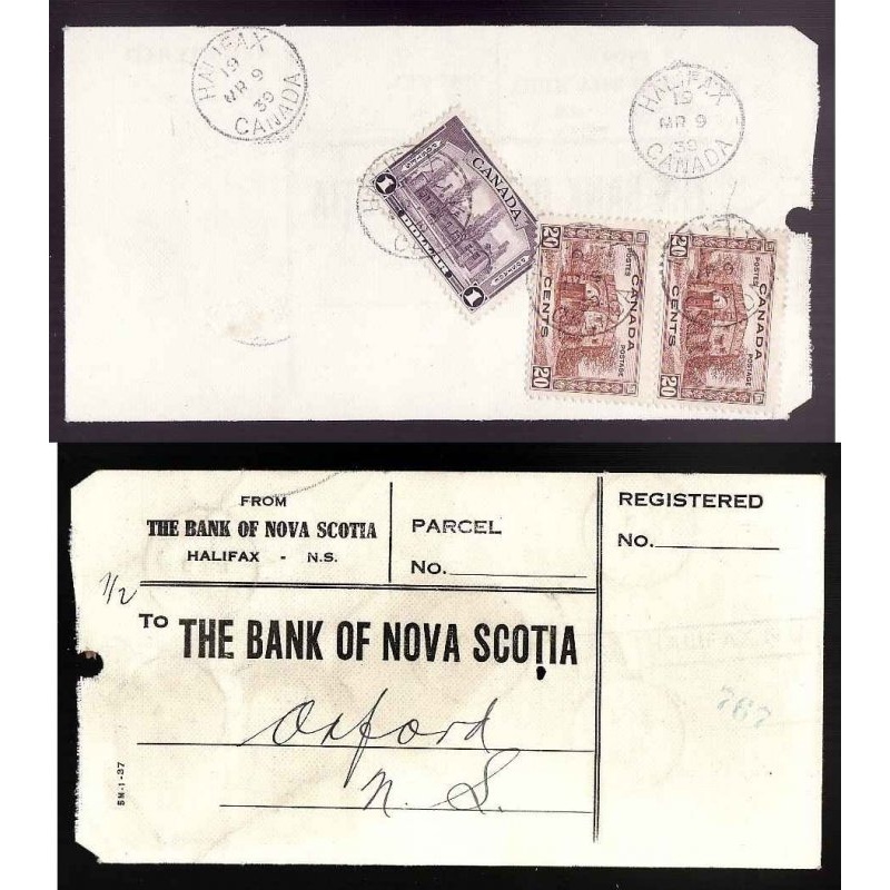Canada-cover #13898-20c(2)+$1-Bank tag-Halifax,Canada-Mr 8 1939-Insurance