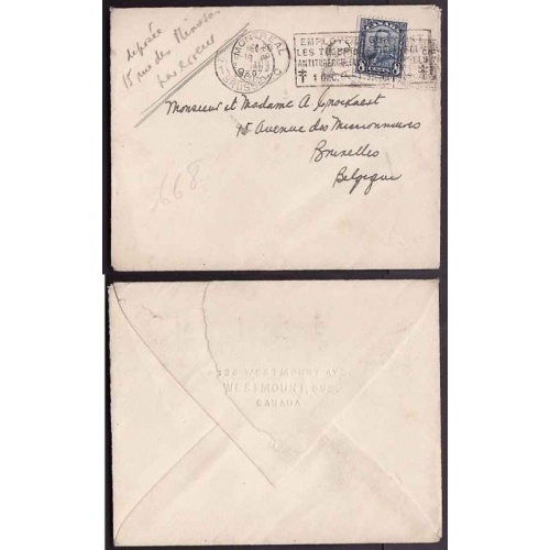 Canada-#9460 - 8c KGV scroll to Belgium - Montreal , Quebec - Dec 20