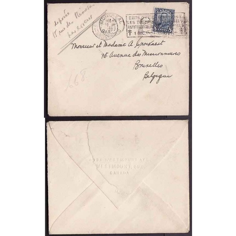 Canada-#9460 - 8c KGV scroll to Belgium - Montreal , Quebec - Dec 20