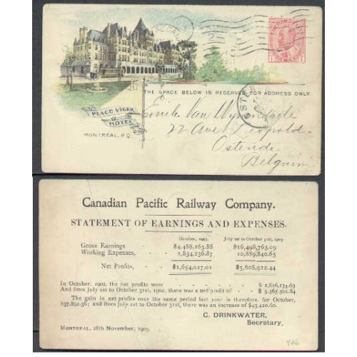 Canada-cover #5147-1c to Belgium-Place Vigor Hotel-(CPR 43B)-Ostende-Dec 5 1903