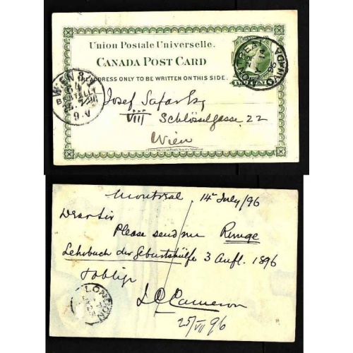 Canada-cover #13946-2c UPU card-Montreal Jy 14 1896 to Austria-receiving mark-