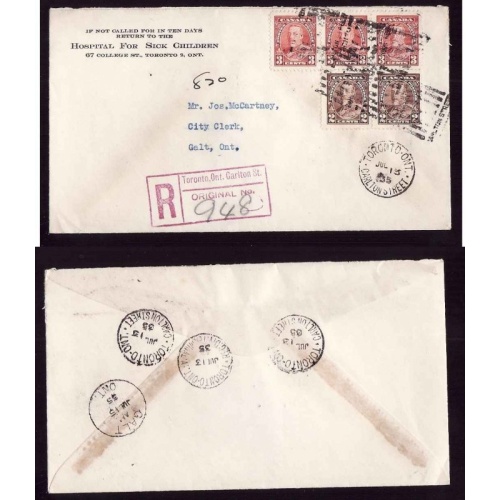 Canada-cover #14169–4c(2)+2c(2) regd-York Cnty-Toronto Carleton Street roller-