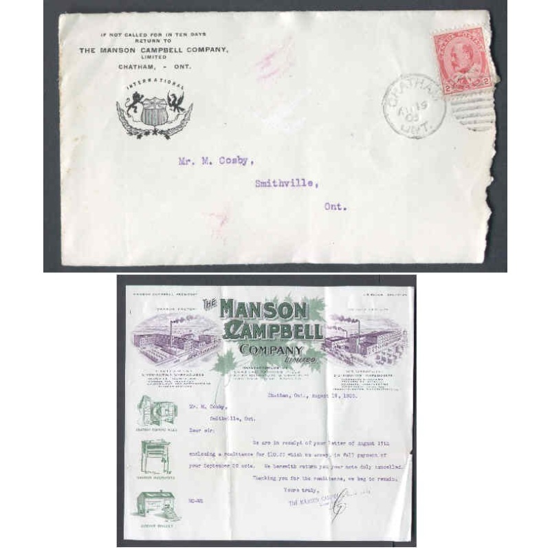 Canada-cover #9838-2c Edward-enclosure-engraved letterhead-Chatham,Ont-Au 19 19