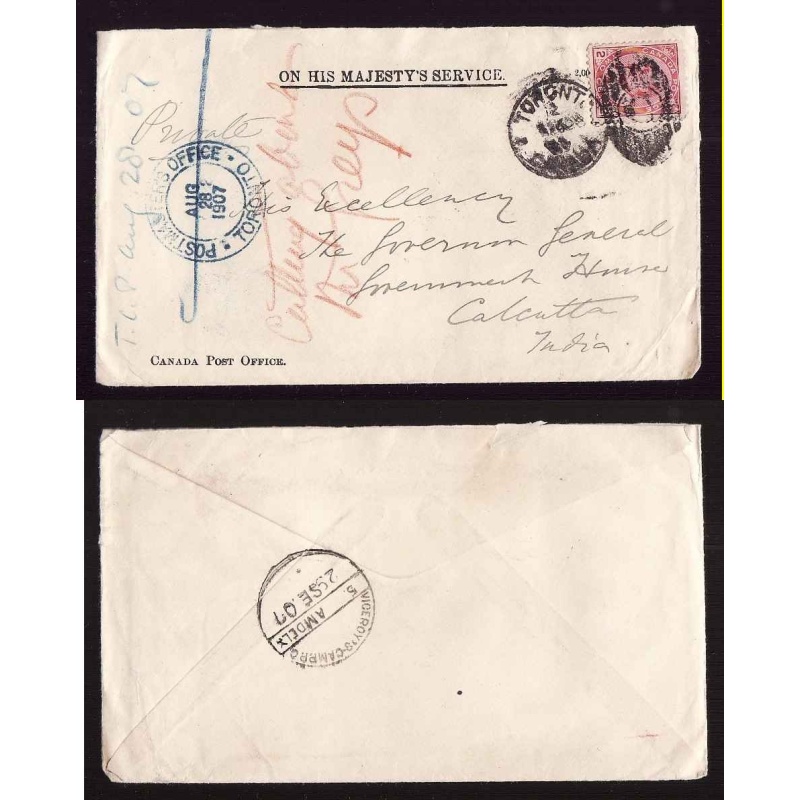 Canada-cover #14239-2c to Government House Calcutta India-Toronto-Aug 28 1907
