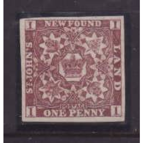Newfoundland-Sc#1- id173-unused no gum 1d brown violet imperforate-1857-small o