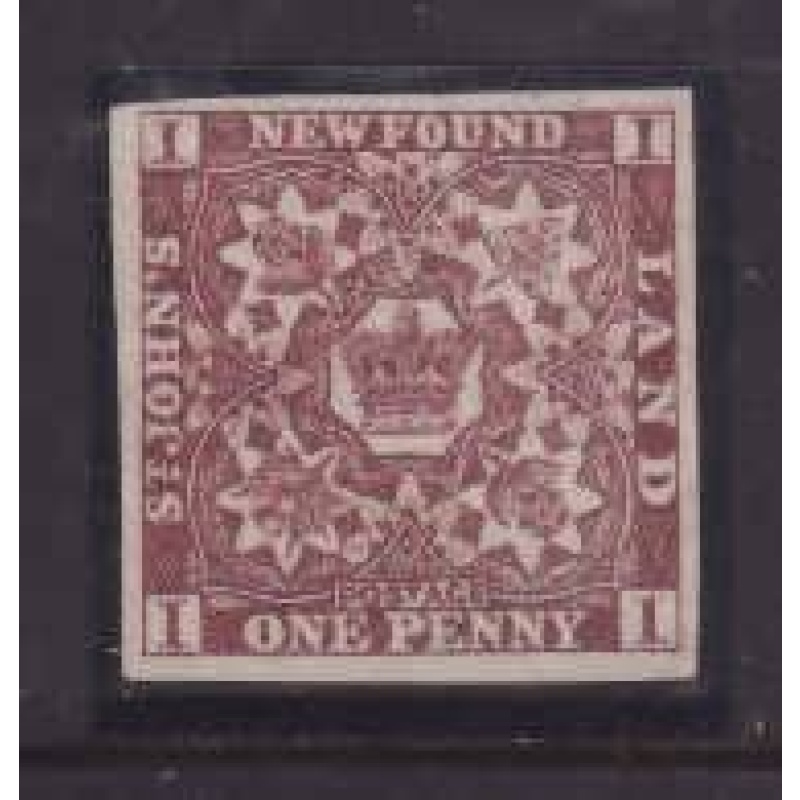 Newfoundland-Sc#1- id173-unused no gum 1d brown violet imperforate-1857-small o