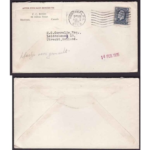 Canada-#9620 - 5c KGV medallion to Holland-Montreal PQ,Sta B-Feb 2 1935-5c