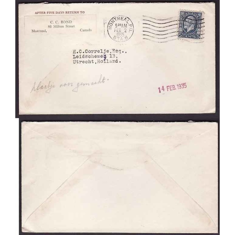Canada-#9620 - 5c KGV medallion to Holland-Montreal PQ,Sta B-Feb 2 1935-5c
