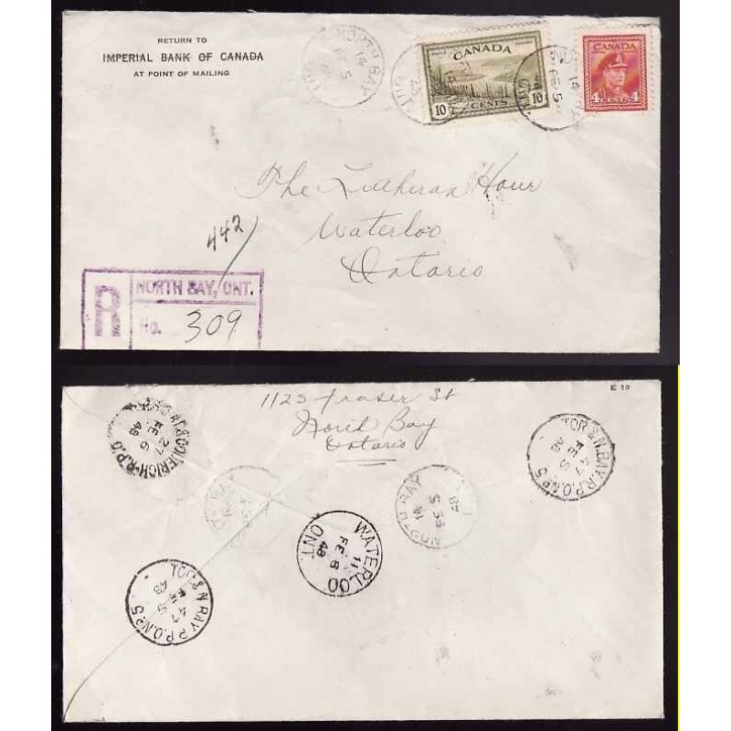 Canada-cover #13180-4c+10c reg'd-Nipissing Dist-North Bay,Ont-14 Feb 5 1948-RPO