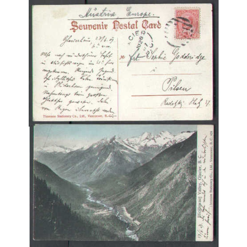 Canada-cover #4859-2c-p/c to Austria-Glacier,BC-Jun 28 1907-