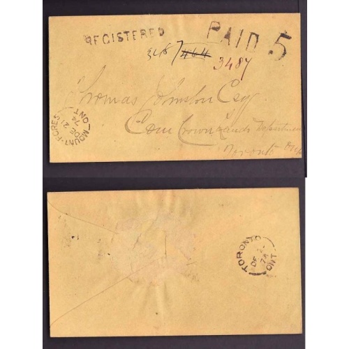 Canada-cover #14071-Stampless reg'd-PAID 5-H/S Reg'd-Wellington-Mount Forest,Ont