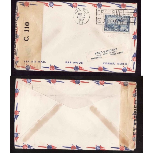 Canada-cover #14207– 6c-censored C.110-Halifax,NS-Apr 5 1942-