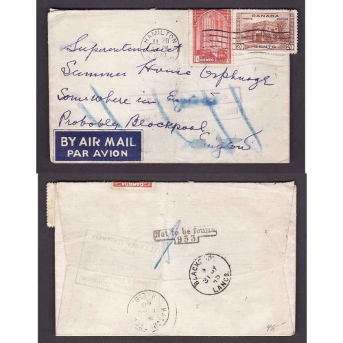 Canada-cover #14077-10c+20c-airmail-England-Hamilton-Jul 20 1940-B/S Blackpool