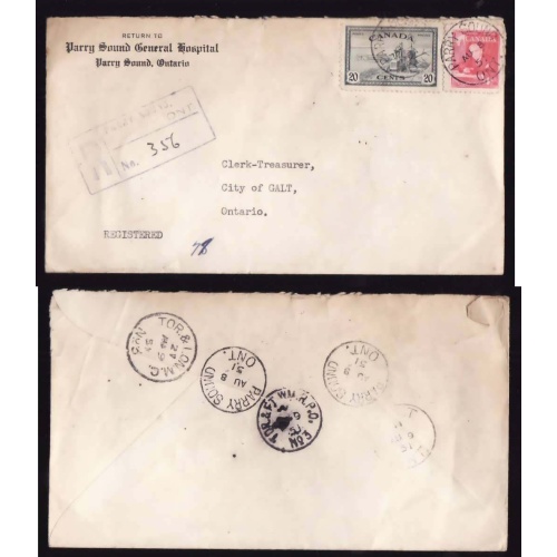 Canada-cover #14172-24c regd-RPO cancels-Parry Sound,Ont-Au 8 1951-