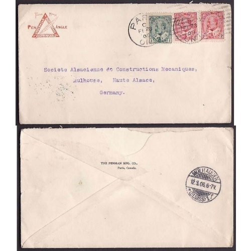 Canada-cover #10165-1c+2c(2) Edward-Germany-Brant Cnty-Paris,Ont duplex-Fe 28