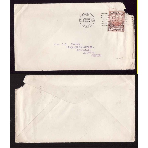 Newfoundland-#2105a - 3c Caribou-St. John's-Ap 22 1921- corner off envelope -