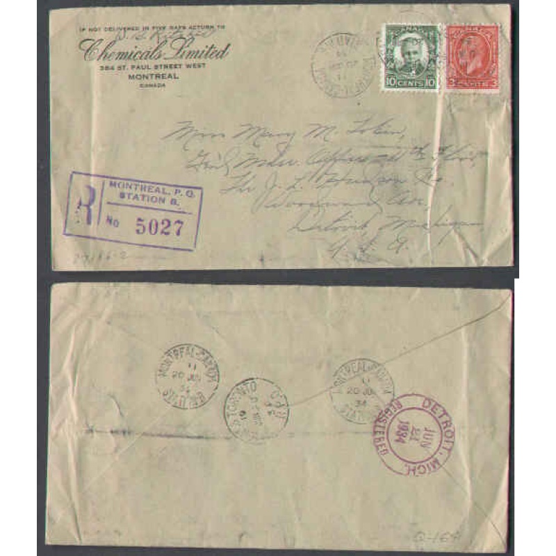 Canada-cover  #5968-3c+10c regd-Montreal Canada/Station B- B/S Mont & Toronto