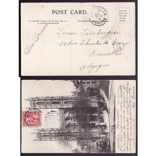 Canada-cover #10158-2c Edward-p/c to Belgium-Montreal,Canada duplex-Fe 27 1905