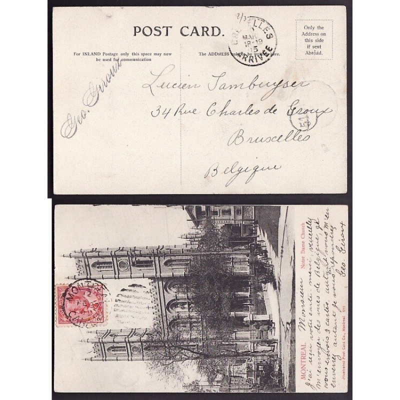 Canada-cover #10158-2c Edward-p/c to Belgium-Montreal,Canada duplex-Fe 27 1905