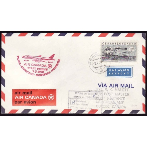 Canada-cover #12829-1.80 Kcs First Flight Prague-Montreal [AAMC 7007c]-Praha