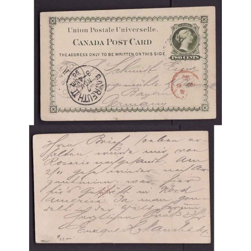 Canada-cover #13947-2c UPU card-Hamilton,Ont Oct 24 1890-Germany-receiving