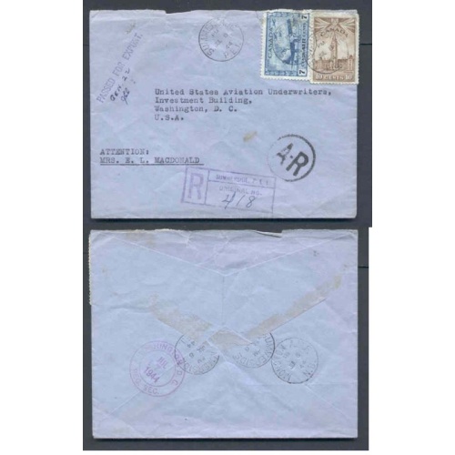 Canada-cover #9760-7c Airmail+10c Parliament reg'd to USA-Summerside,PEI -