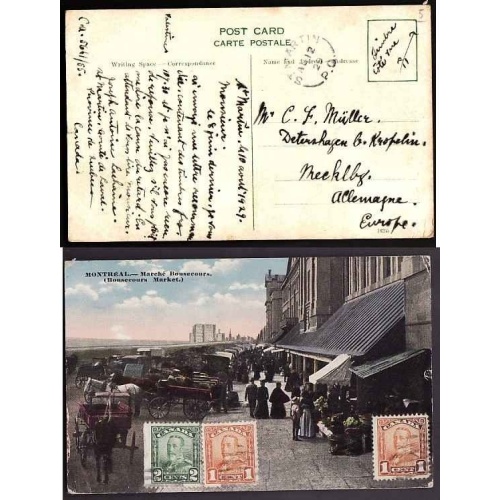 Canada-#9475 - 1c(2) + 2c KGV scroll on postcard to Germany - St. Martin , PQ
