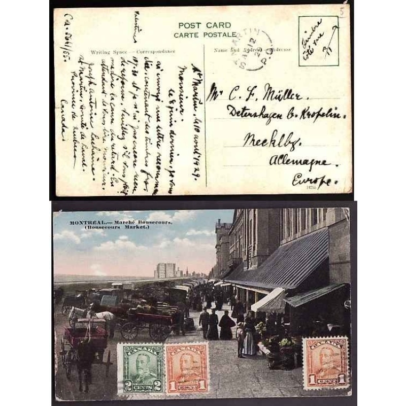Canada-#9475 - 1c(2) + 2c KGV scroll on postcard to Germany - St. Martin , PQ