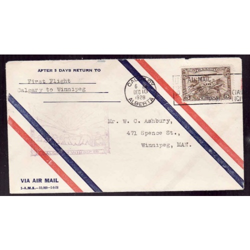Canada-cover #13192-5c-AAMC 2853i-first flight Calgary to Winnipeg-Dec 10 1928