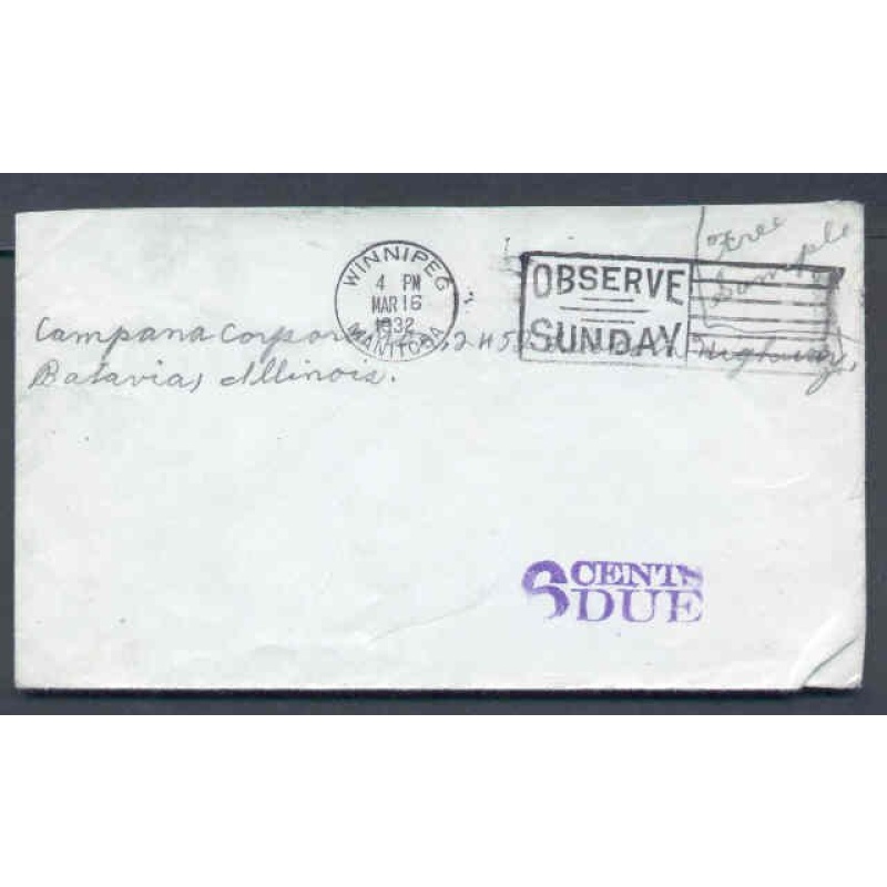 Canada-cover #9826-No stamp short pays-3c rate-Winnipeg,Man-Mar 16 1932-