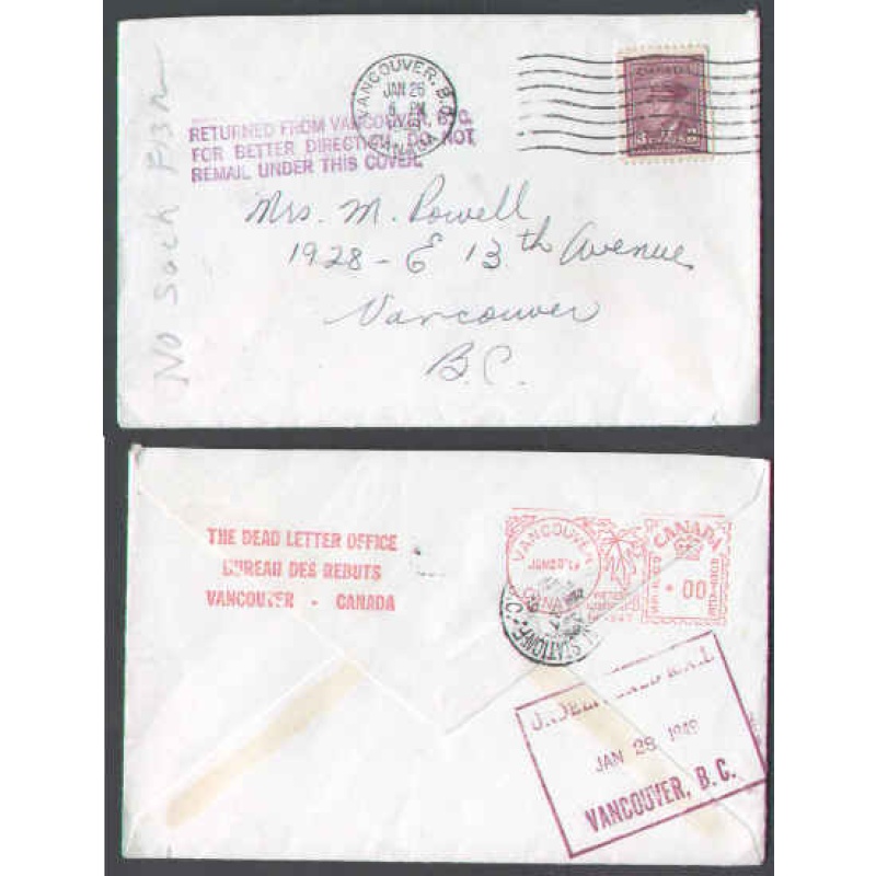 Canada-cover #5798-4c-DLO-Vancouver,BC-Jan 26 1949-H/S"Returned from