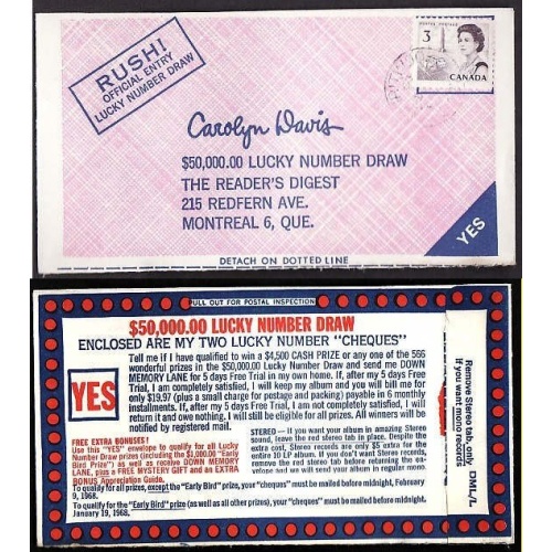 Canada-cover  #10021 - 3c Centennial on Reader's Digest "$50,000.00 Lucky