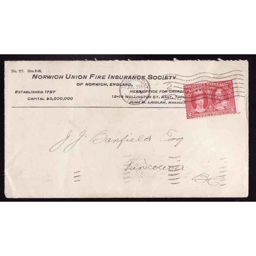 Canada-cover #13596-2c Tercentenary-Toronto Ont-Jul 28 1908-Fire Insurance-