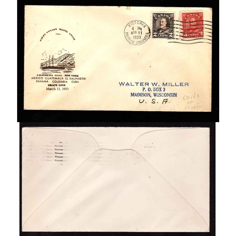 Canada-#8728-2c[#181]+3c[#182] KGV coils-Victoria,BC-Mar 11 1933-cachet Santa Lucia first