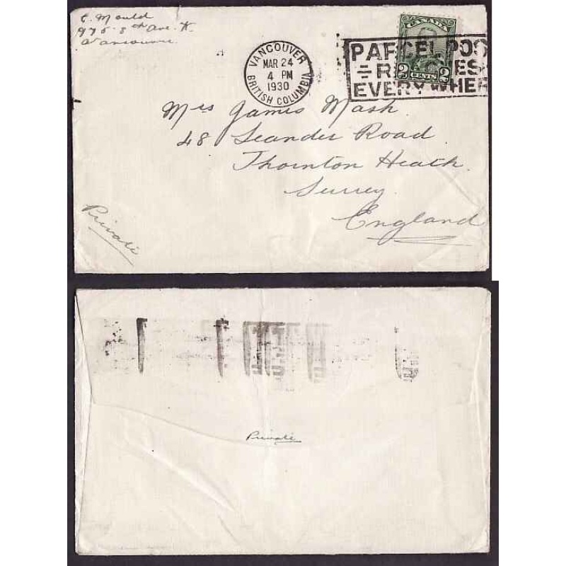 Canada-#9425-2c KGV scroll-England-Vancouver,BC-Mar 24 1930-2c franking pays the