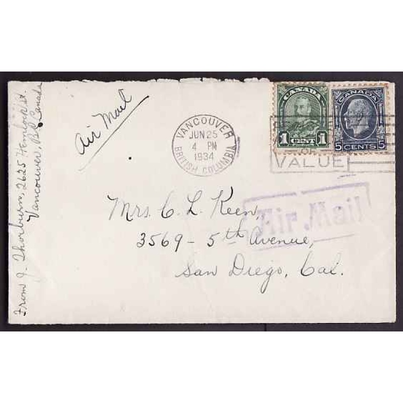 Canada-#9546-5c KGV medallion+1c KGV arch airmail to USA-Vancouver,BC-Jun 25 1934 -