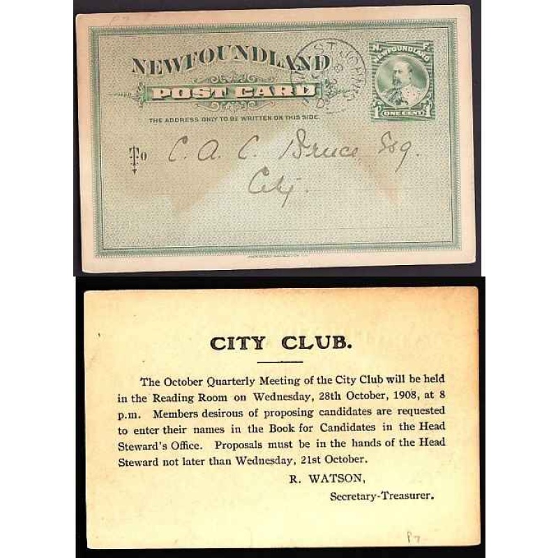 Newfoundland-#10435 - 1c KEVII green post card [P7] - St. John&#039;s cds - Oc 2 1908 - age