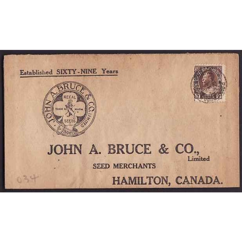 Canada-Scan #10527 - 3c Admiral on "John A Bruce and Co." advertising cover - Bridg