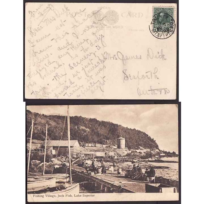 Canada-#10565 - 1c Admiral on postcard - Train No. / Ott & Ft Wm RPO [O 225
