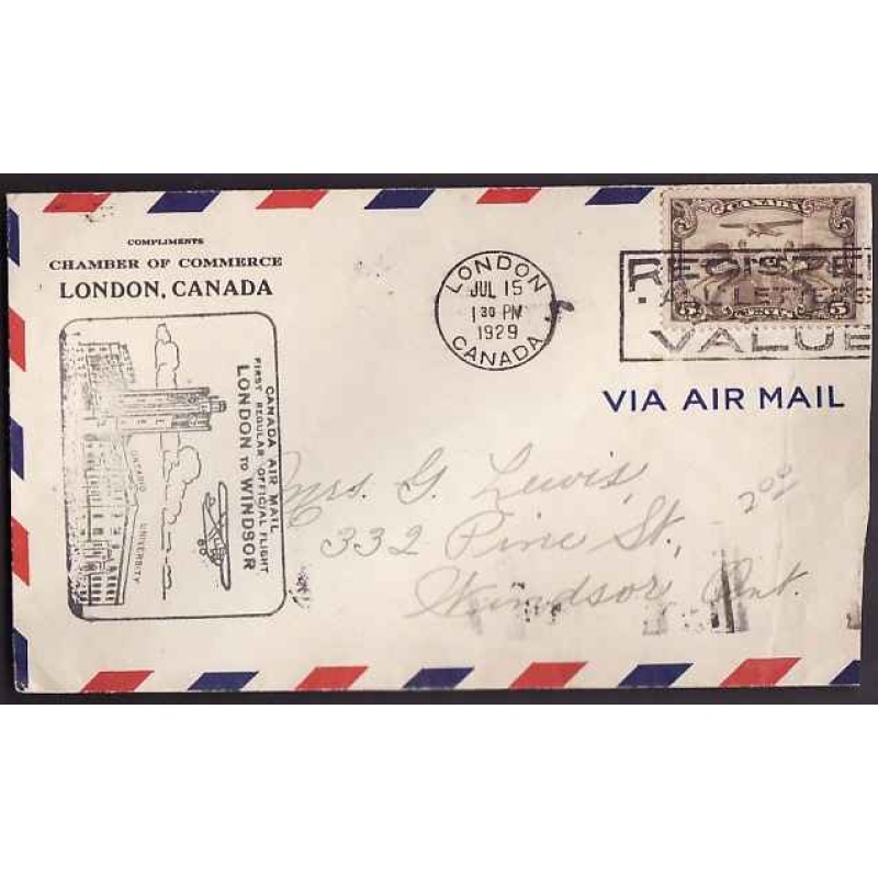 Canada-#10749 - 5c airmail on first flight London to Windsor - London, Ont - Jul 15
