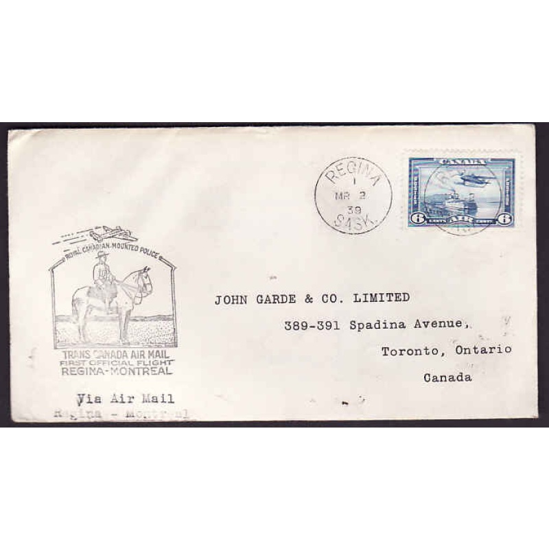 Canada-#10727 - 6c airmail on first flight Regina to Montreal - Mr 2 1939 -