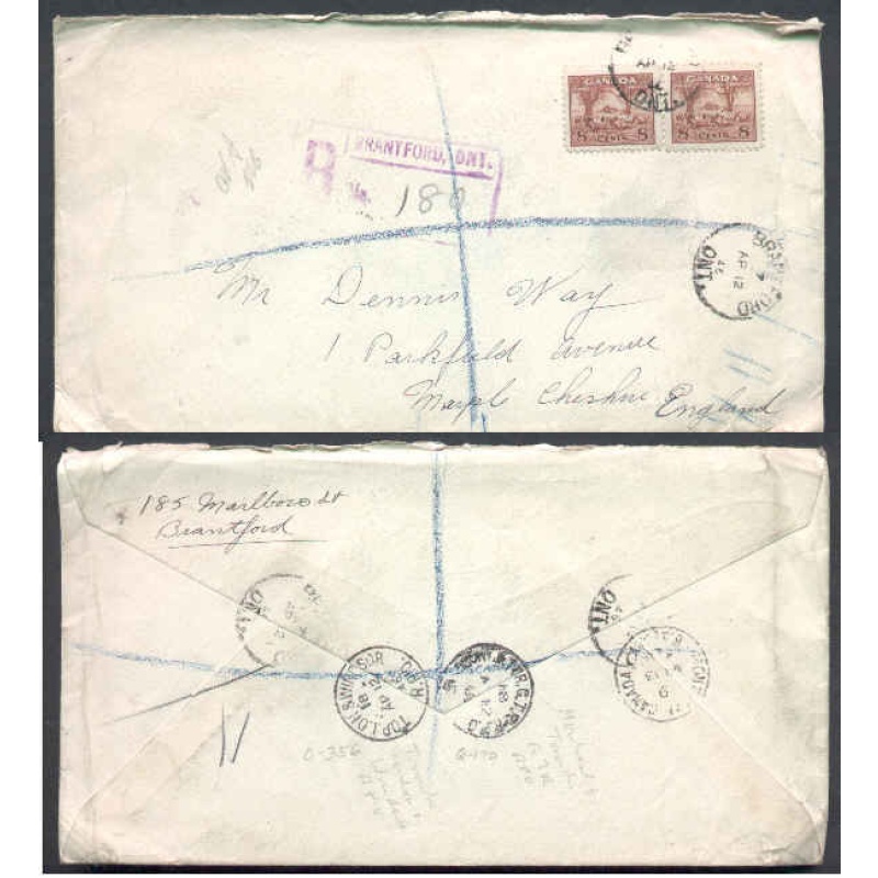 Canada-cover #5995-8c(2) regd-England-Brant Cnty-Brantford,Ont-unusual franking
