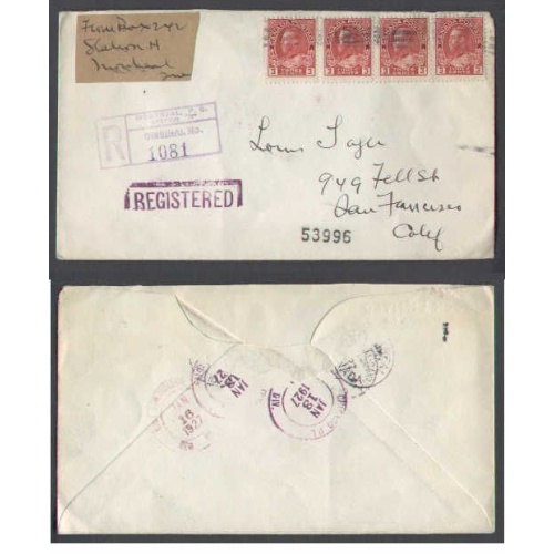 Canada-cover #4347-3c(4)Admiral reg'd-Montreal,Canada-11 Jan 1927-12c reg'd rate