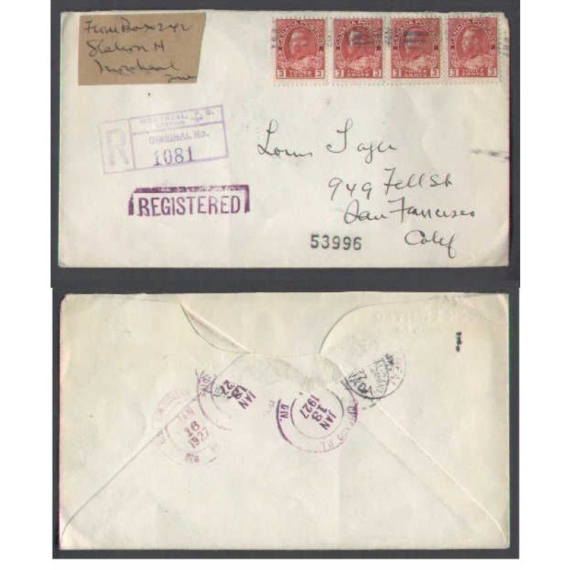 Canada-cover #4347-3c(4)Admiral reg'd-Montreal,Canada-11 Jan 1927-12c reg'd rate