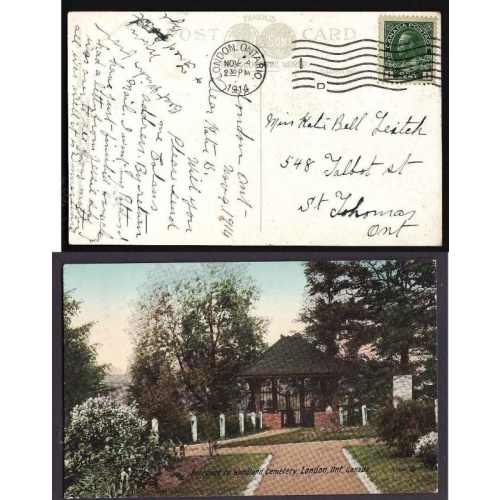 Canada-cover #13514-Canada p/c-Woodland Cemetery-London,Ont Nov 4 1914-