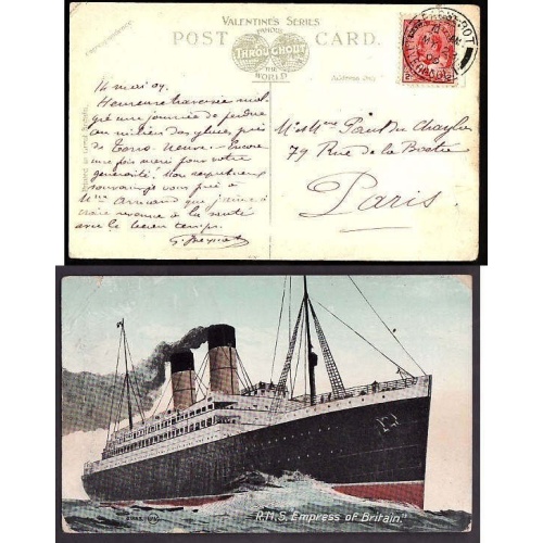 Canada-cover #10160-2c Edward-p/c-Paris-cancelled-"Paquebot Liverpool"-My 23 1909