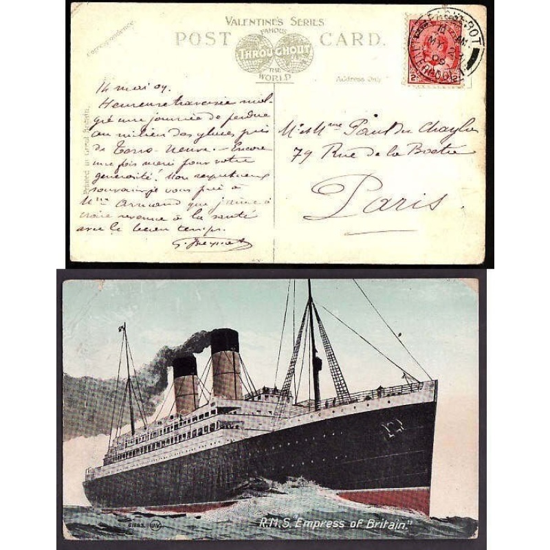 Canada-cover #10160-2c Edward-p/c-Paris-cancelled-"Paquebot Liverpool"-My 23 1909
