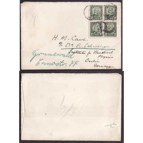 Canada-#9468 - 2c(block of 4) KGV scroll to Germany - Frontenac County - Kingston , Ontario -