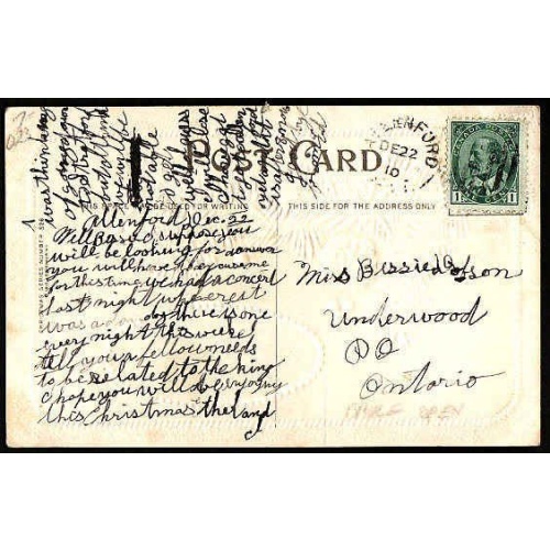 Canada-cover #10060-1c KEVII on p/c-Bruce Cnty-Allenford, Ont single broken